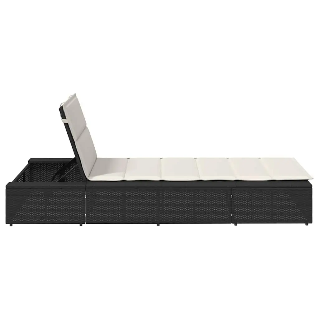 Sun Lounger Black Adjustable Backrest Floating Cushion PE Rattan Outdoor Furniture