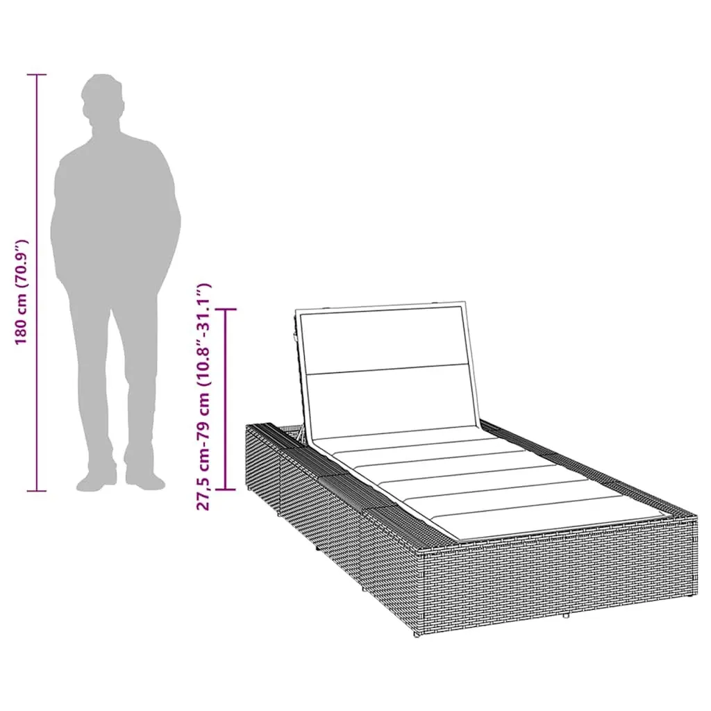 Sun Lounger Sunbed Grey Poly Rattan Adjustable Backrest Outdoor Garden Furniture