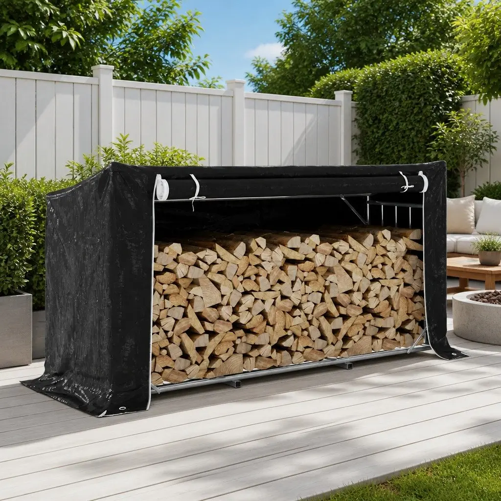 Firewood Rack Black 200.5x80.5x110.5 cm Galvanised Steel with Zippered Rain Cover