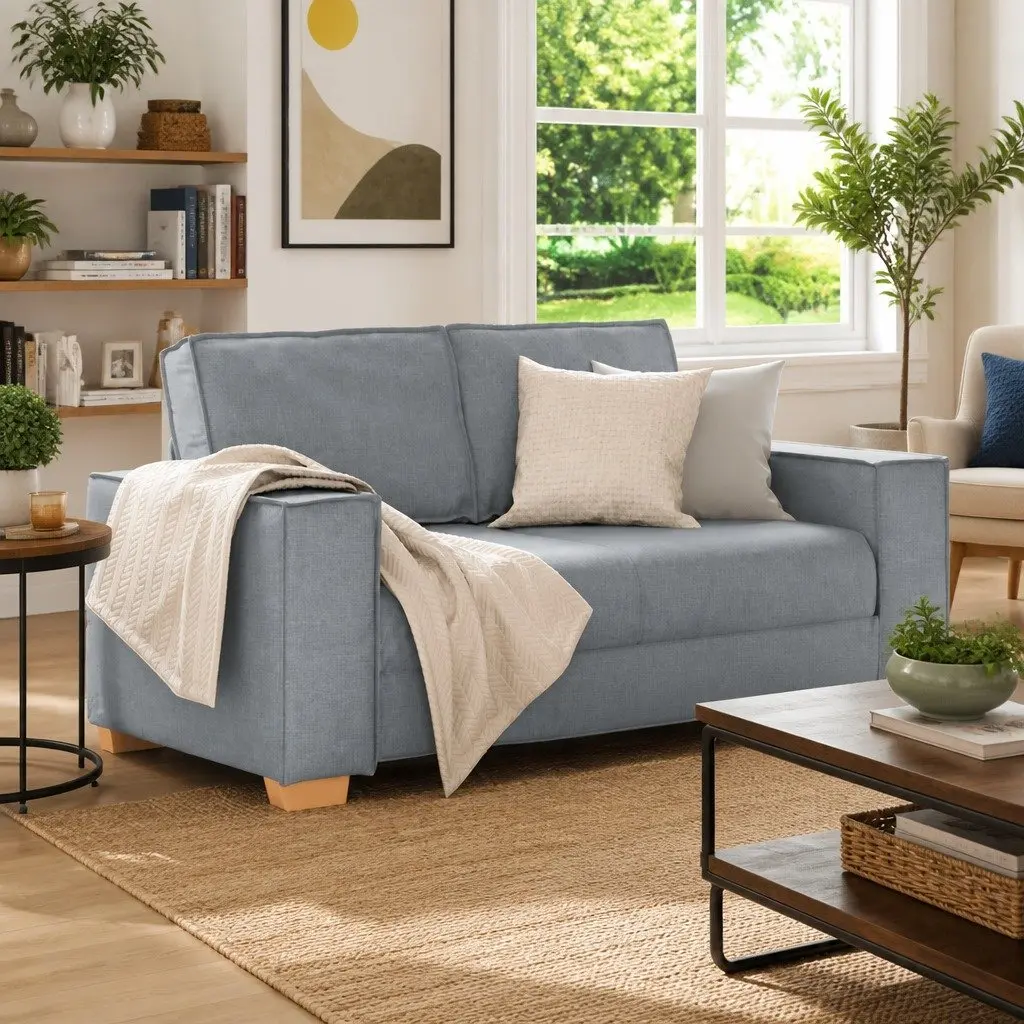 2-Seater Sofa Grey Fabric Living Room Lounge Couch with Wide Armrests