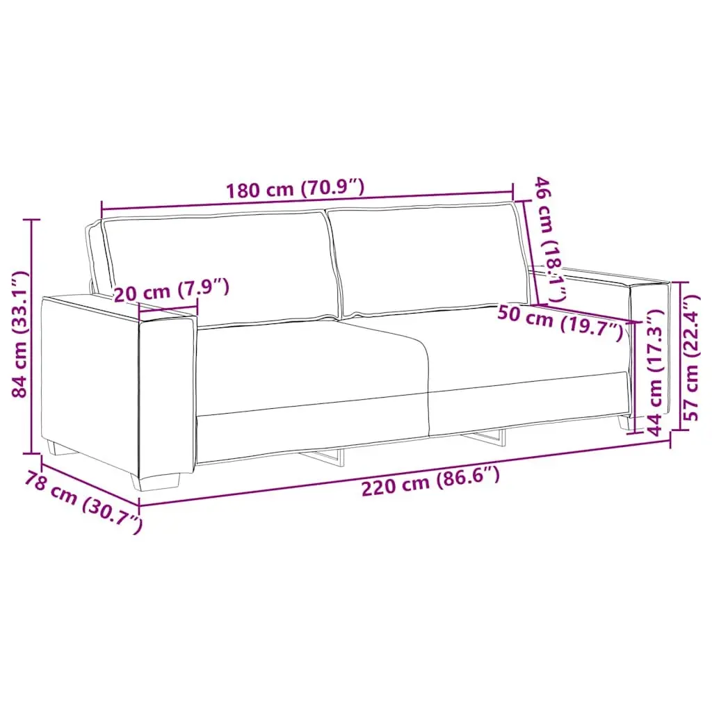 3-Seater Sofa Black Fabric 220x78x84cm Upholstered Thickly Padded Seat and Backrest