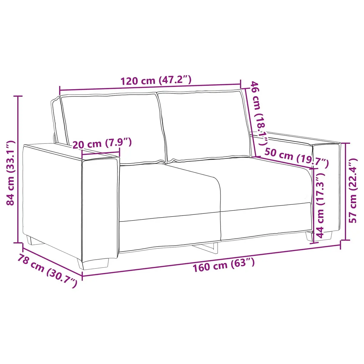 Loveseat Sofa Black 160cm Modern Living Room Furniture Faux Leather Compact