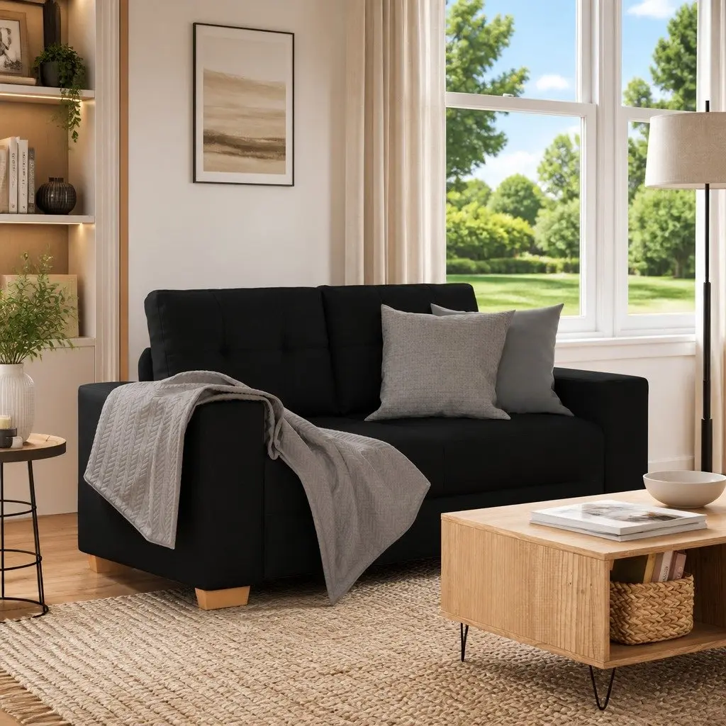 Loveseat Sofa Black Fabric 160x77x82cm Padded Foam Seats Durable Frame