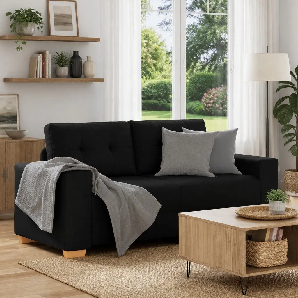 Loveseat Sofa Black 180x77x82cm Fabric Two Seater Relaxation Couch