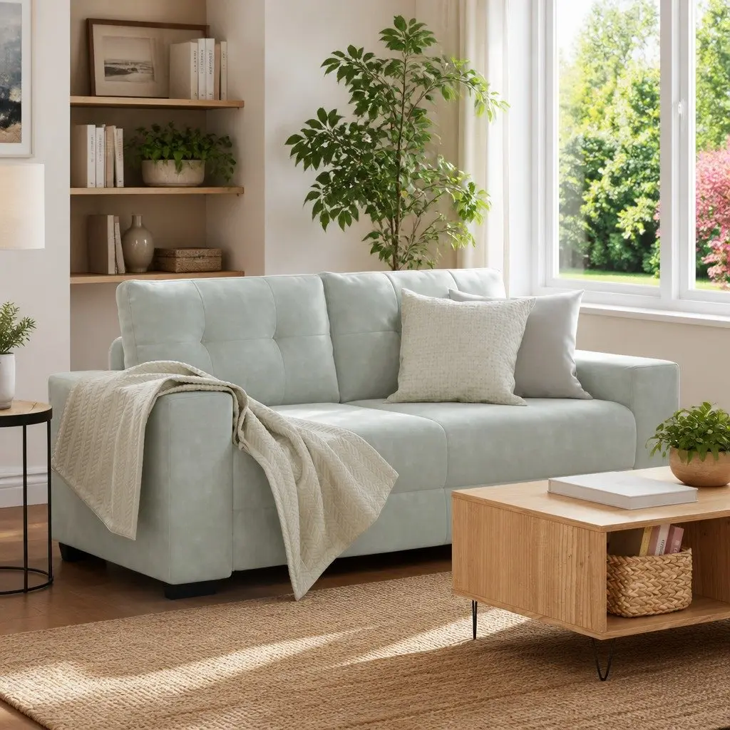 Loveseat Sofa Light Grey Velvet 2 Seater Couch Soft Surface Thickly Padded Foam Seats