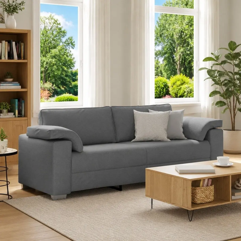 3-Seater Sofa Grey Fabric 220cm Modern Lounge Seat