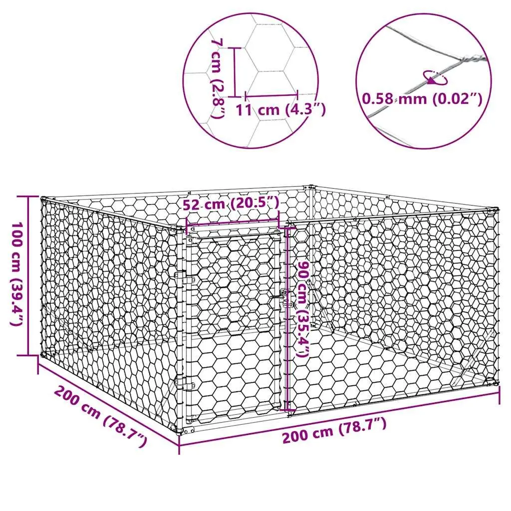 Dog Kennel Silver 2x2x1m Galvanised Steel Secure Door Hexagonal Mesh Enclosure