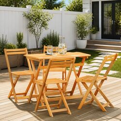 Folding Bistro Set 5 Piece Outdoor Garden Furniture Table Chairs Brown Wood