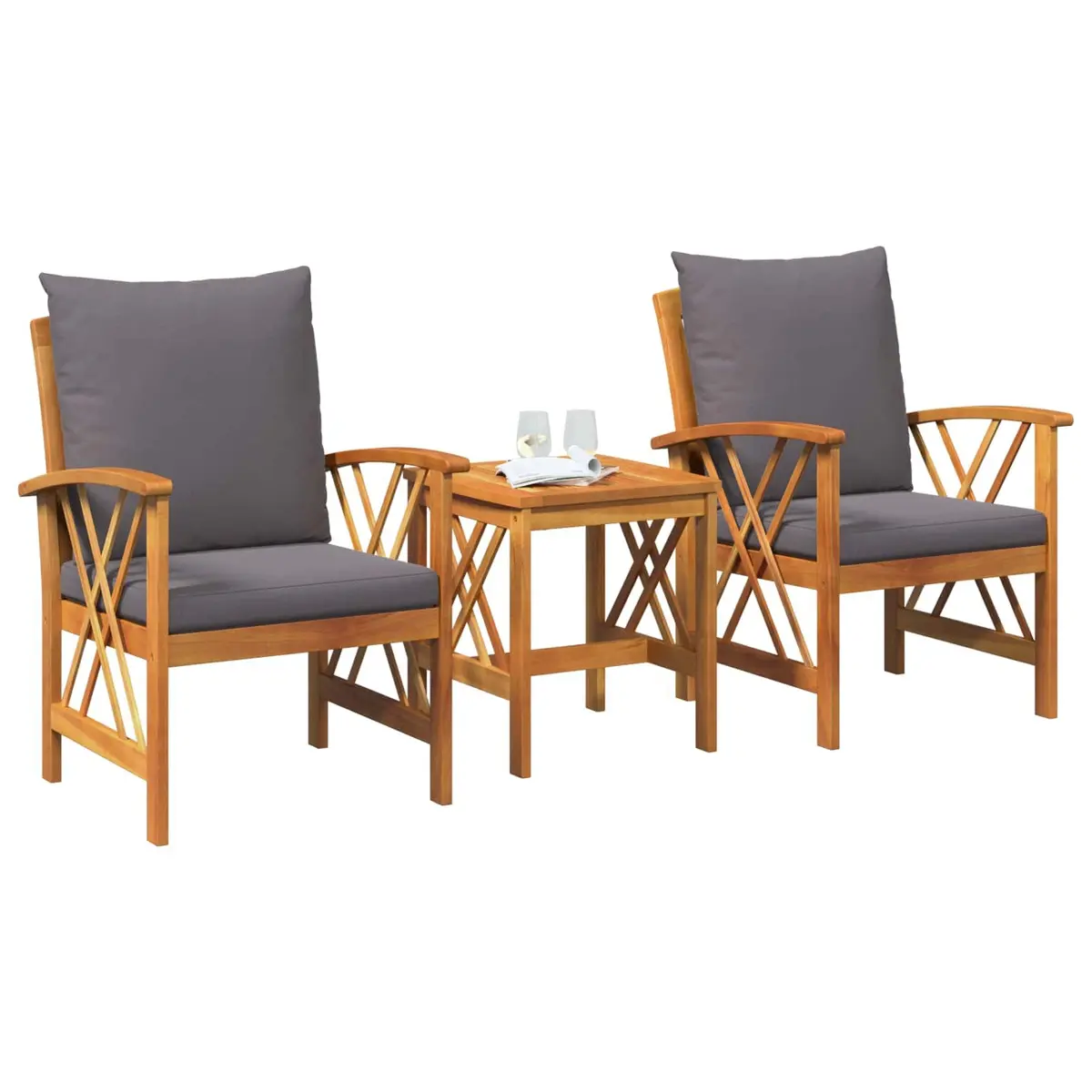 3 Piece Garden Sofa Set Brown Acacia Wood Outdoor Furniture Weather Resistant Cushions