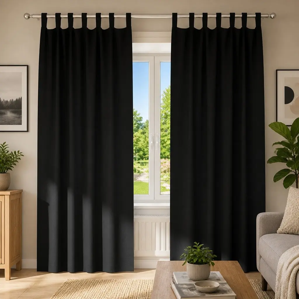 Blackout Curtains Black 245 x 140 cm Hook and Ring System 2 Piece Window Treatment Drapes