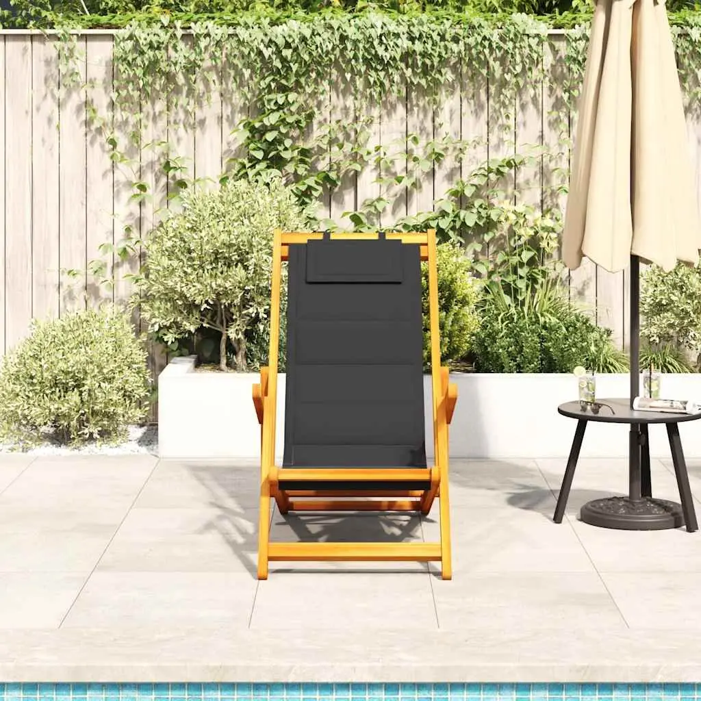 Folding Beach Chair with Armrests Black Acacia Wood Textilene Outdoor Seating