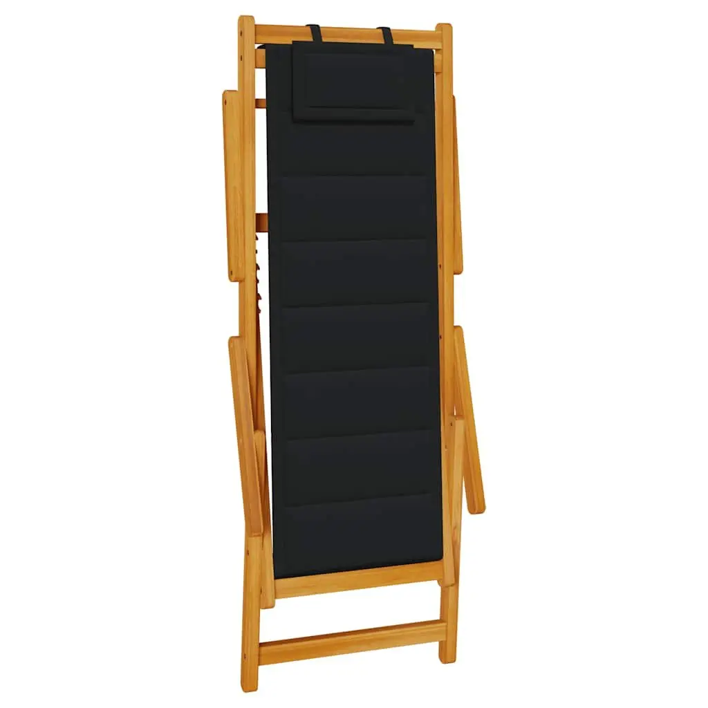Folding Beach Chair with Armrests Black Acacia Wood Textilene Outdoor Seating