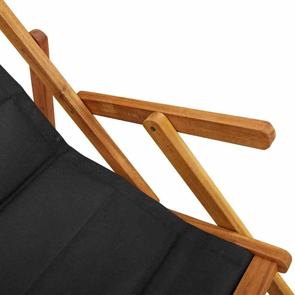 Folding Beach Chair with Armrests Black Acacia Wood Textilene Outdoor Seating