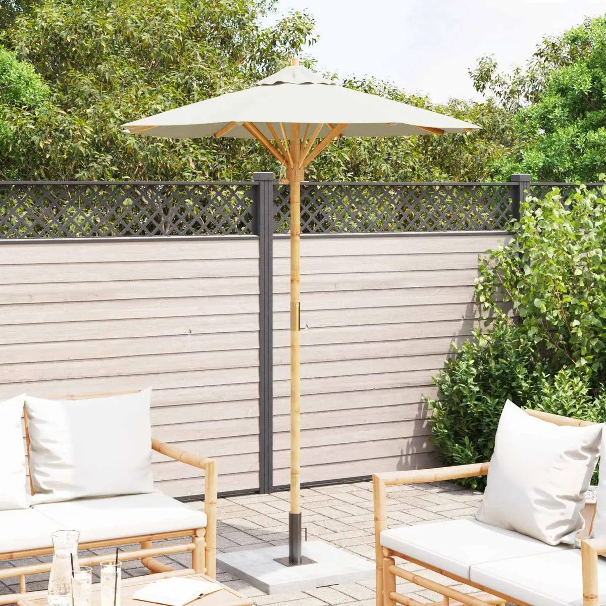 Garden Parasol Cream White Round Bamboo Frame UV-Resistant Polyester Canopy