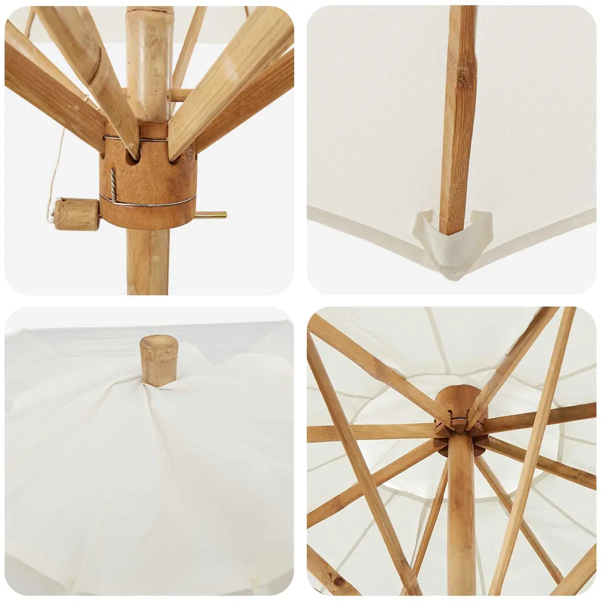 Garden Parasol Cream White Round Canopy UV-resistant Polyester Bamboo Frame Detachable Pole