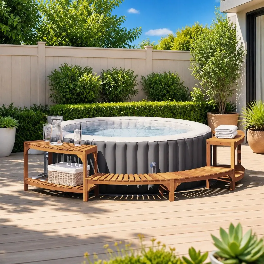 Hot Tub Surround Brown Half-Round Acacia Wood Outdoor Spa Deck 272 x 120 x 55.5 cm