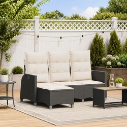 Reclining Garden Sofa L-shaped Outdoor Seating Black Poly Rattan with Cushions