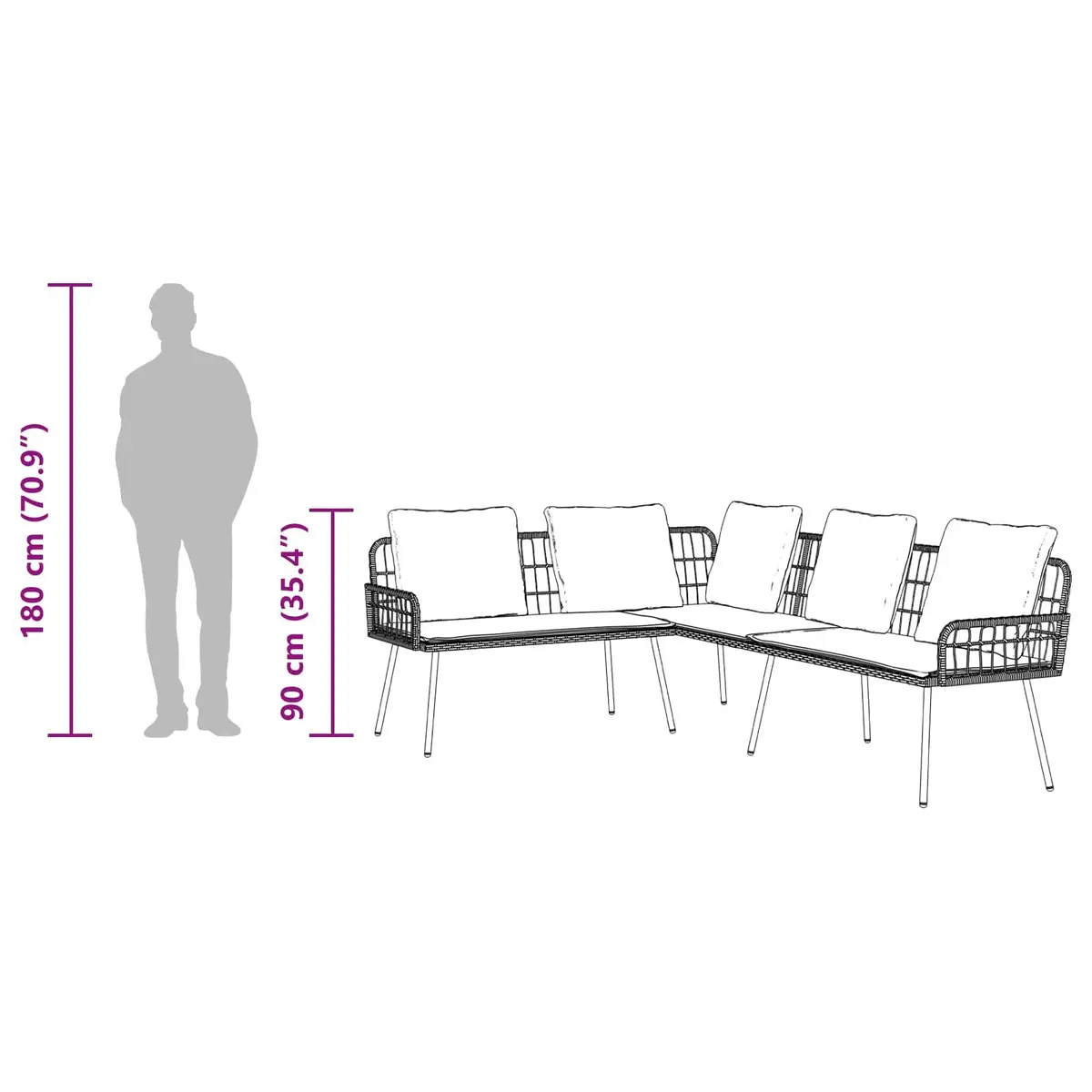 L-Shaped Outdoor Sofa Black Steel Frame with Cushion