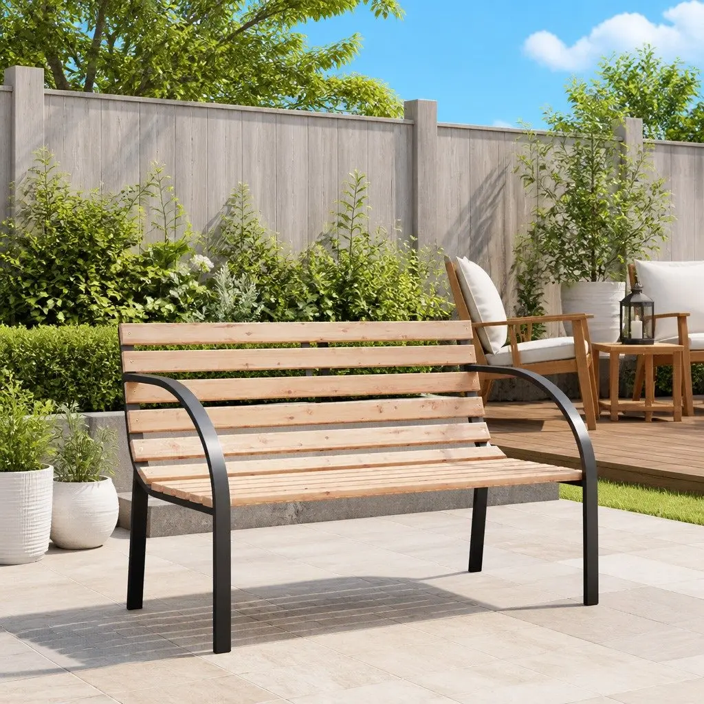 Garden Bench Brown 120cm Wooden Slats Iron Frame Curved Armrests