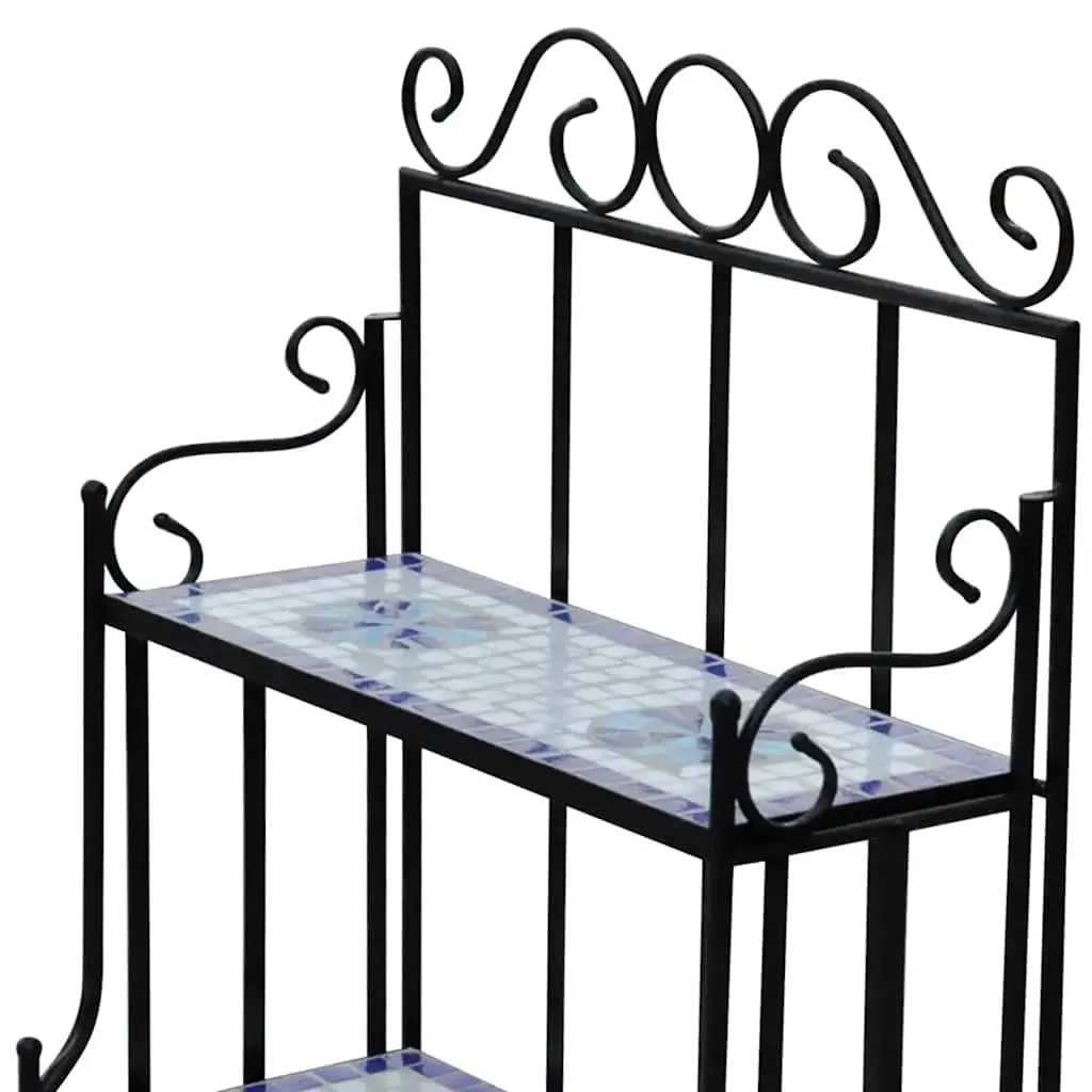 Plant Stand Blue White 3-Tier Mosaic Ceramic Display Rack Curved Iron Frame