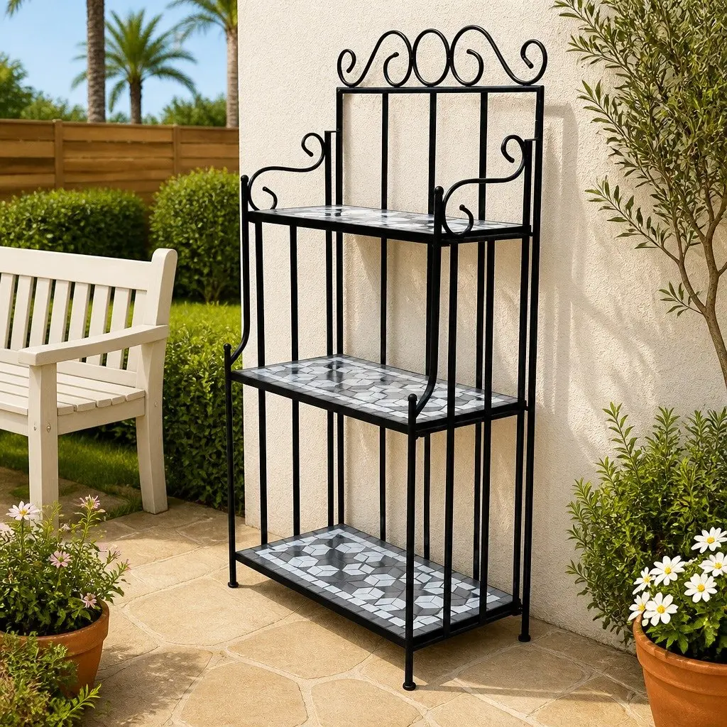 3-Layer Plant Stand Black Iron Frame Mosaic Ceramic Display Rack