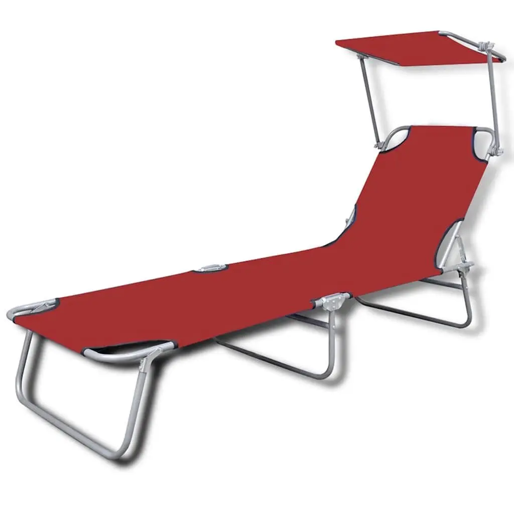 Sun Lounger Folding Canopy Adjustable Backrest Outdoor Reclining Sunbed Red