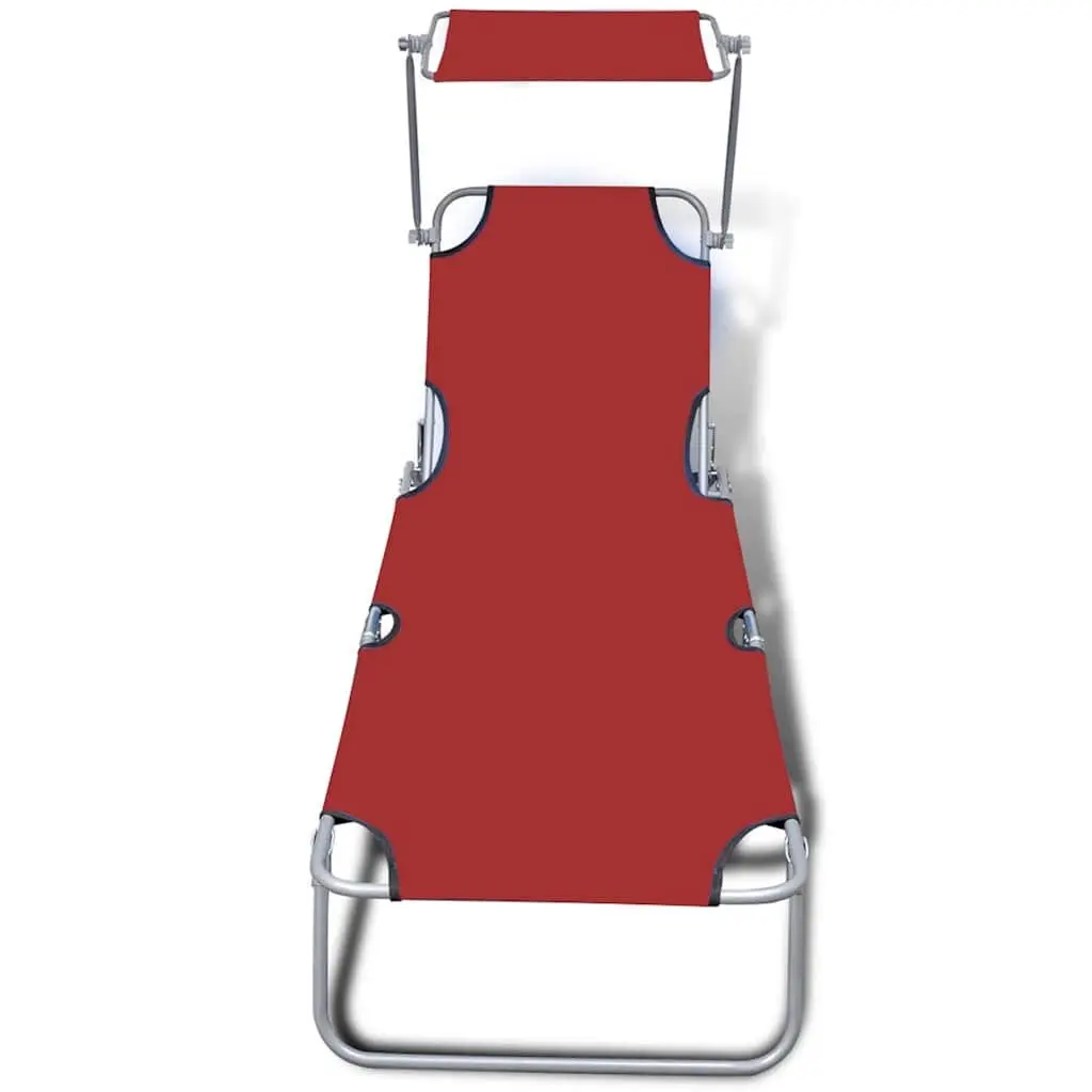 Sun Lounger Folding Canopy Adjustable Backrest Outdoor Reclining Sunbed Red