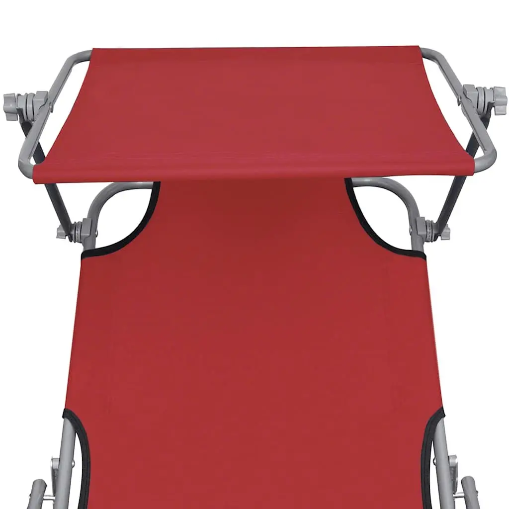 Sun Lounger Folding Canopy Adjustable Backrest Outdoor Reclining Sunbed Red