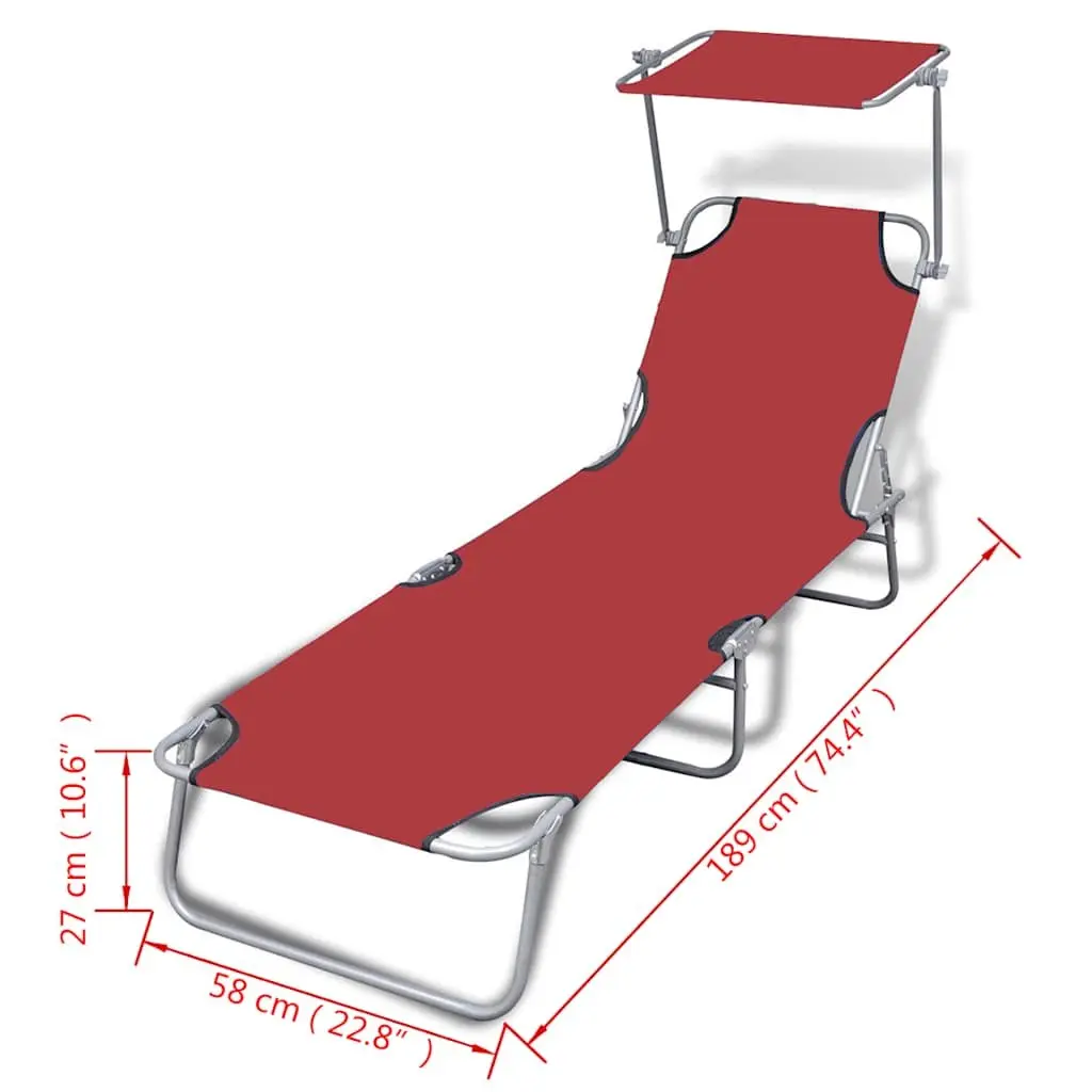 Sun Lounger Folding Canopy Adjustable Backrest Outdoor Reclining Sunbed Red