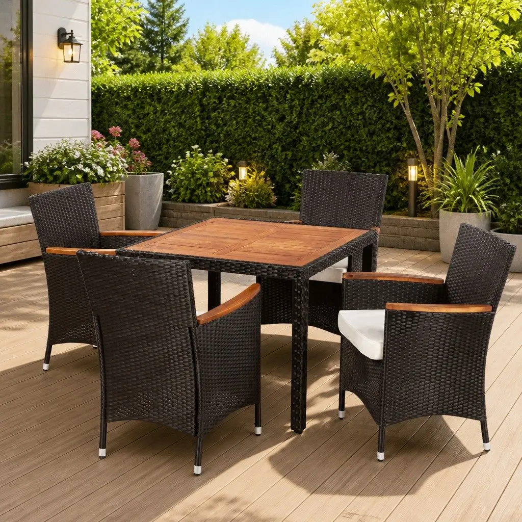 Outdoor Dining Set Black 5 Piece Poly Rattan Table 4 Chairs with Cushions