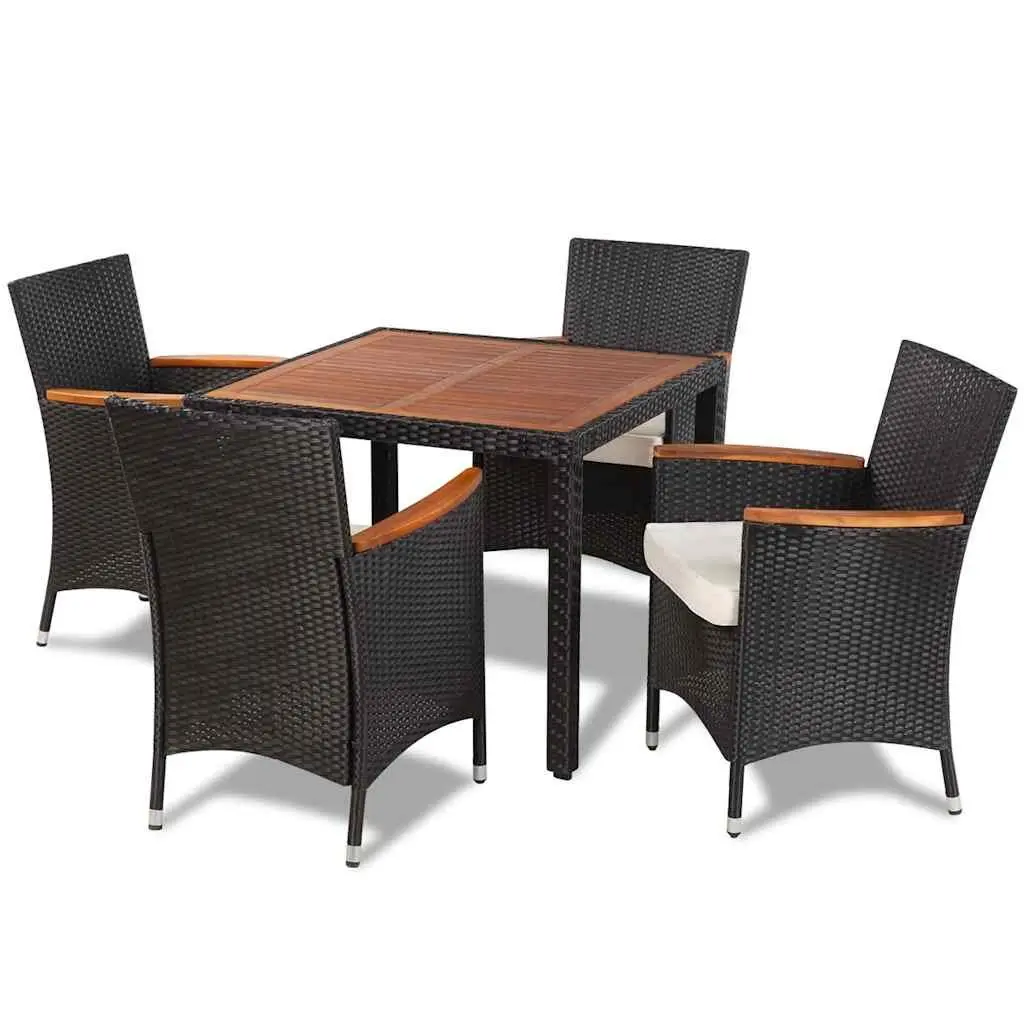 Outdoor Dining Set Black 5 Piece Poly Rattan Table 4 Chairs with Cushions