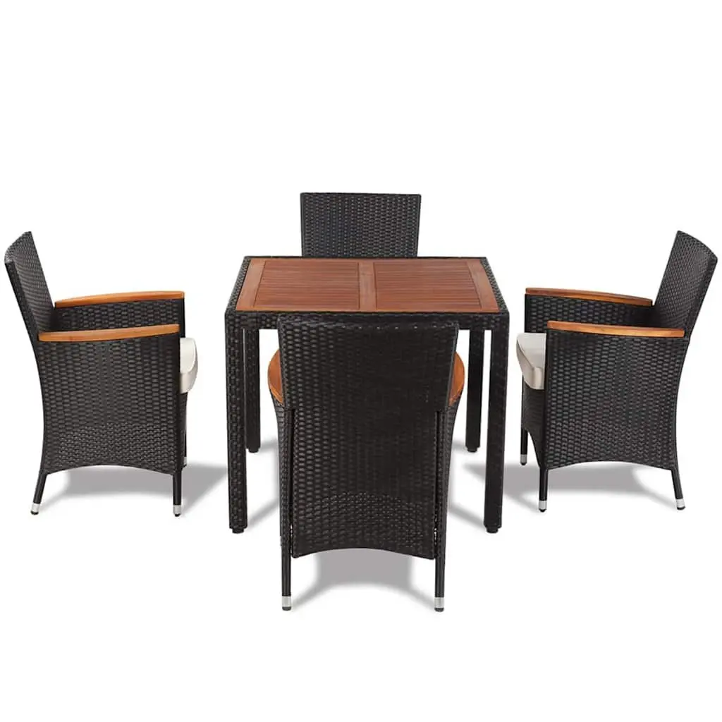 Outdoor Dining Set Black 5 Piece Poly Rattan Table 4 Chairs with Cushions