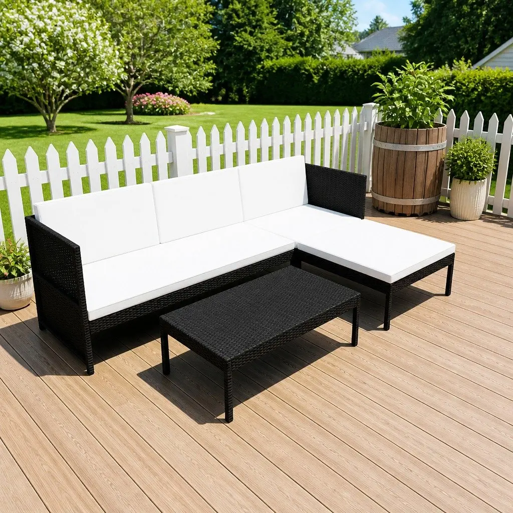 3 Piece Outdoor Lounge Set Black Poly Rattan Weather Resistant with Cushions