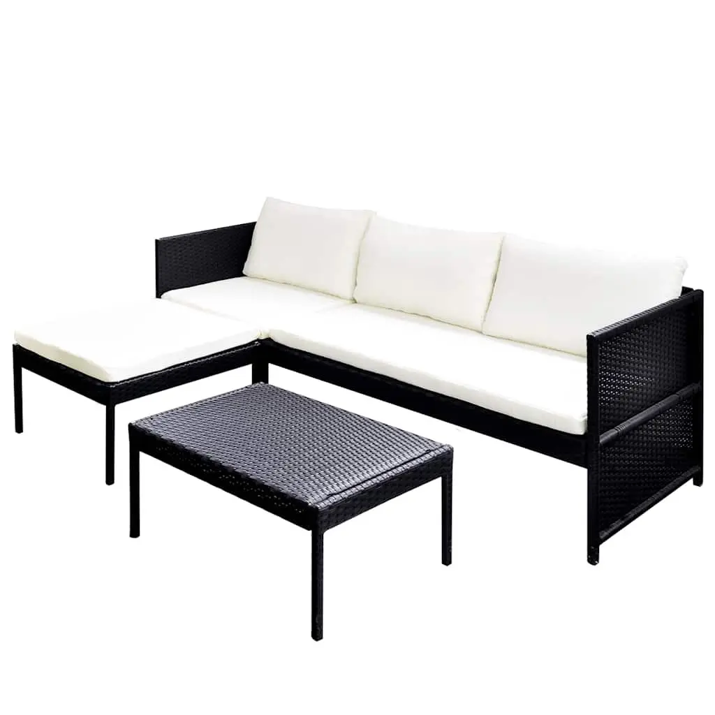3 Piece Outdoor Lounge Set Black Poly Rattan Weather Resistant with Cushions