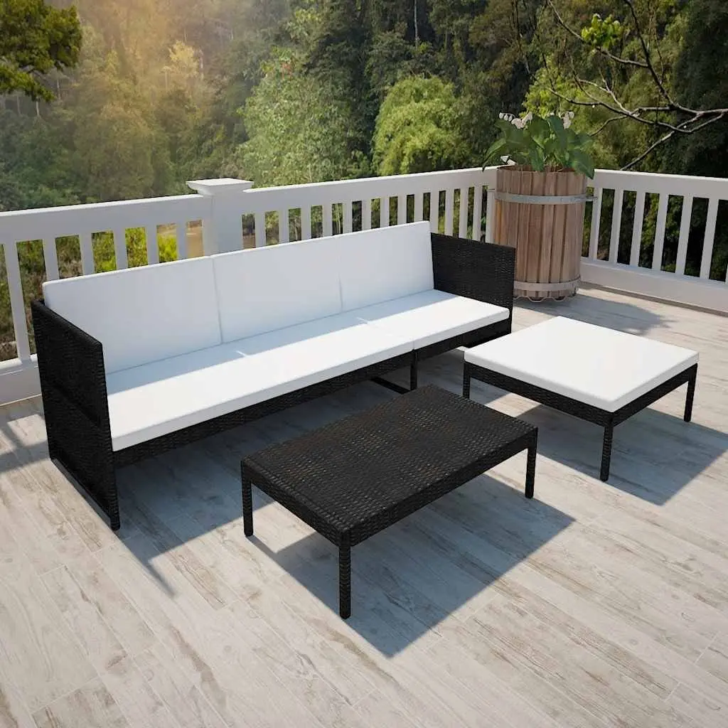 3 Piece Outdoor Lounge Set Black Poly Rattan Weather Resistant with Cushions