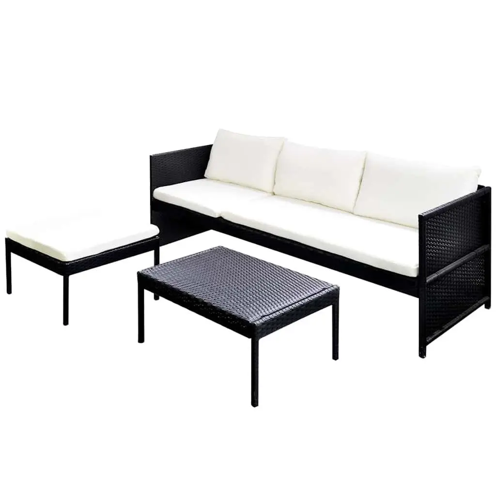3 Piece Outdoor Lounge Set Black Poly Rattan Weather Resistant with Cushions