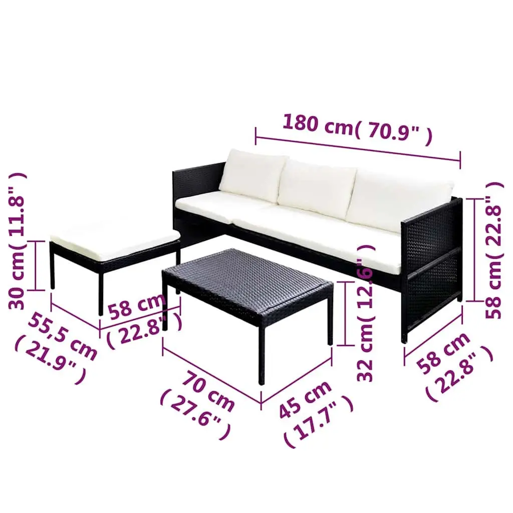 3 Piece Outdoor Lounge Set Black Poly Rattan Weather Resistant with Cushions