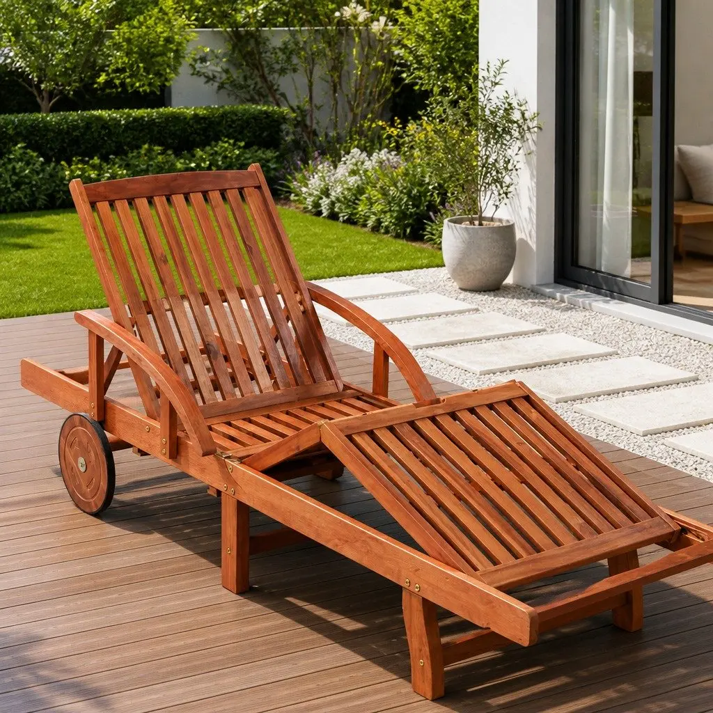 Sun Lounger Brown Adjustable Backrest Outdoor Garden Recliner with Wheels