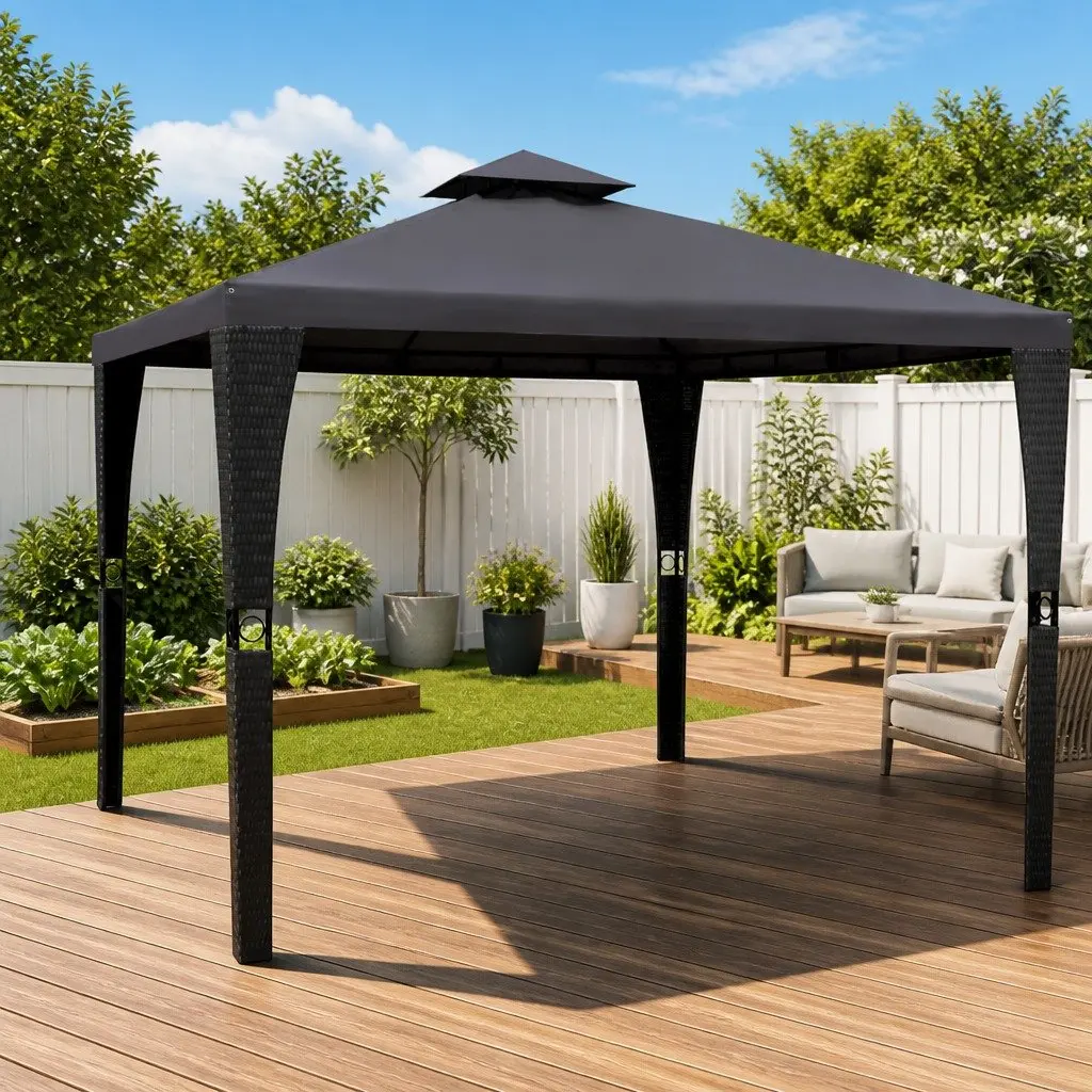 Outdoor Gazebo Grey 3x3m Poly Rattan Canopy Sunshade Shelter