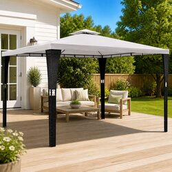 Poly Rattan Gazebo 3x4m Outdoor Garden Canopy Cream White Roof Patio Shelter