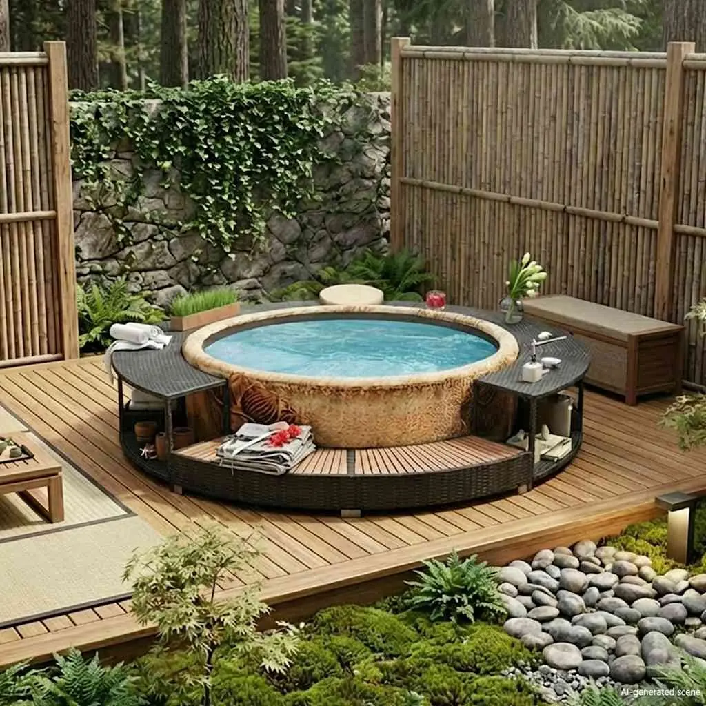 Poly Rattan Hot Tub Surround Black Spa Cabinet Round Inflatable Spa Storage