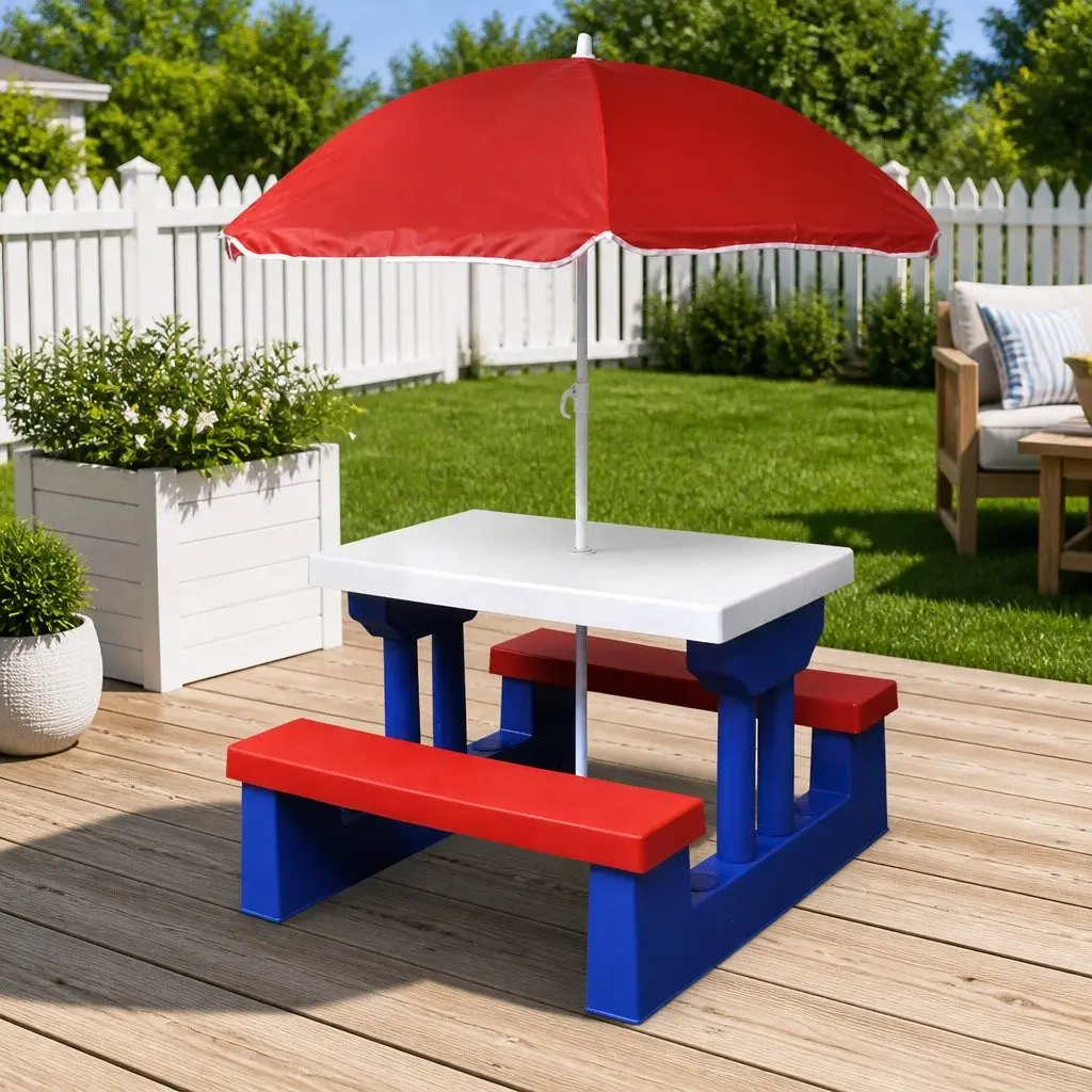 Kids Picnic Table and Bench Set with Parasol