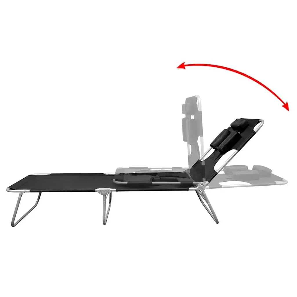 Folding Sun Lounger Black with Head Cushion Adjustable Backrest Outdoor Seating