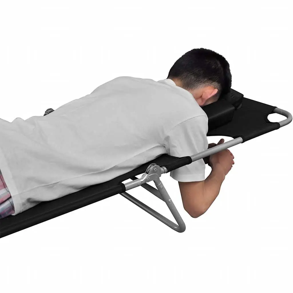 Folding Sun Lounger Black with Head Cushion Adjustable Backrest Outdoor Seating