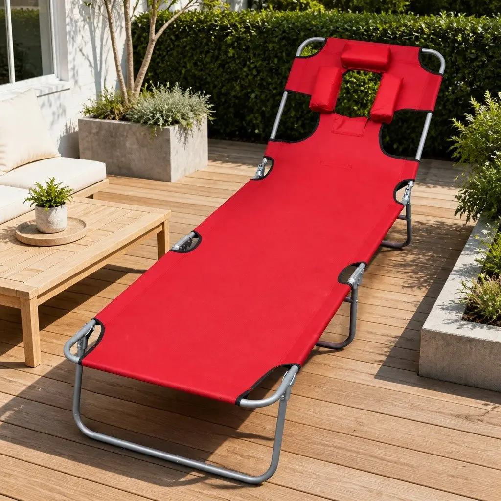 Folding Sun Lounger Red Outdoor Garden Reclining Beach Chair with Head Cushion