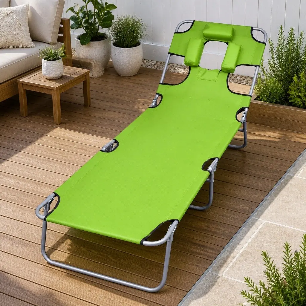 Folding Sun Lounger with Head Cushion for Outdoor Use