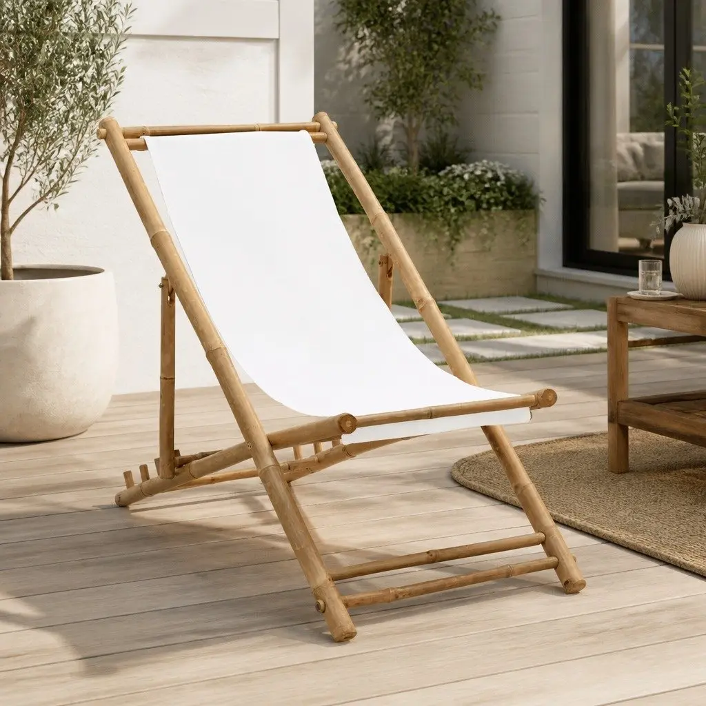 Deck Chair White Bamboo Canvas Folding Adjustable Ergonomic Outdoor Patio Relaxation