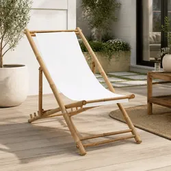 Outdoor Deck Chair Bamboo Canvas White Folding Garden Patio Relaxation Seating