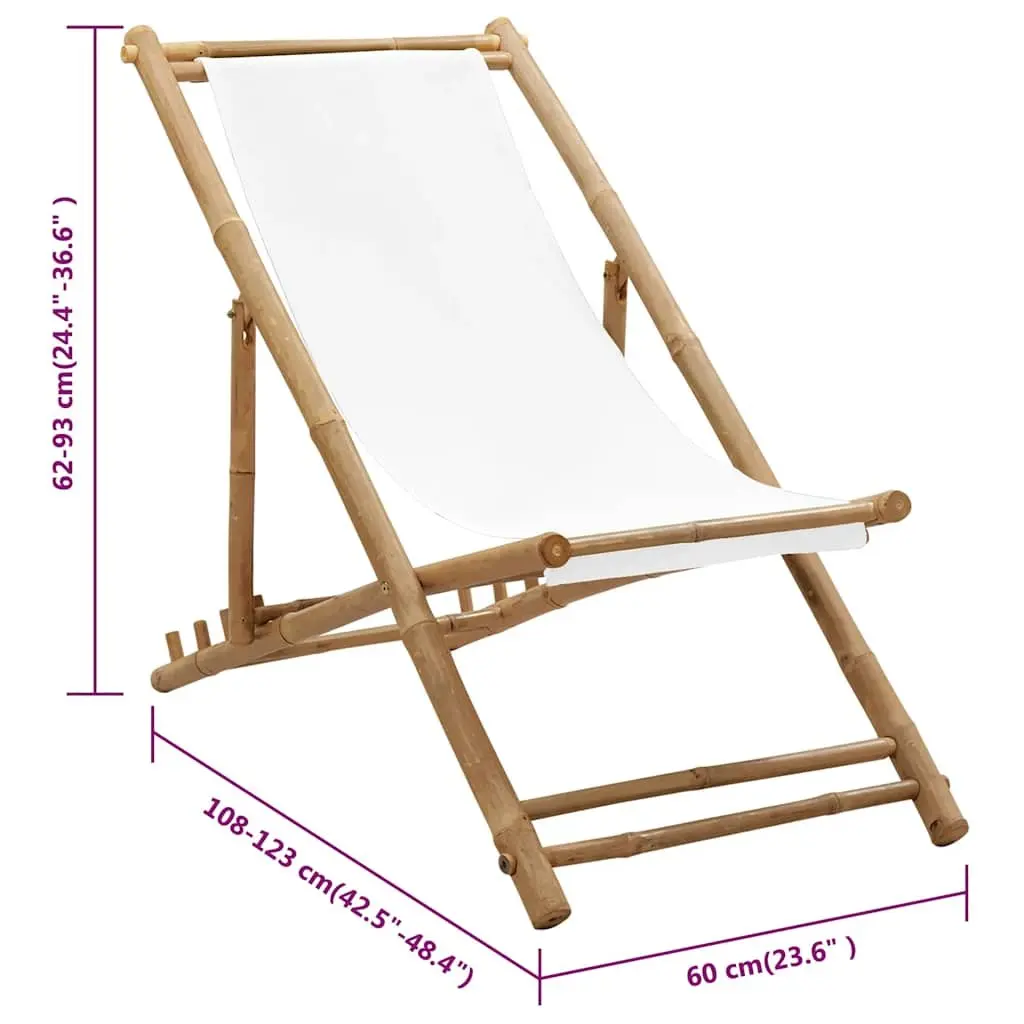 Deck Chair White Bamboo Canvas Folding Adjustable Ergonomic Outdoor Patio Relaxation
