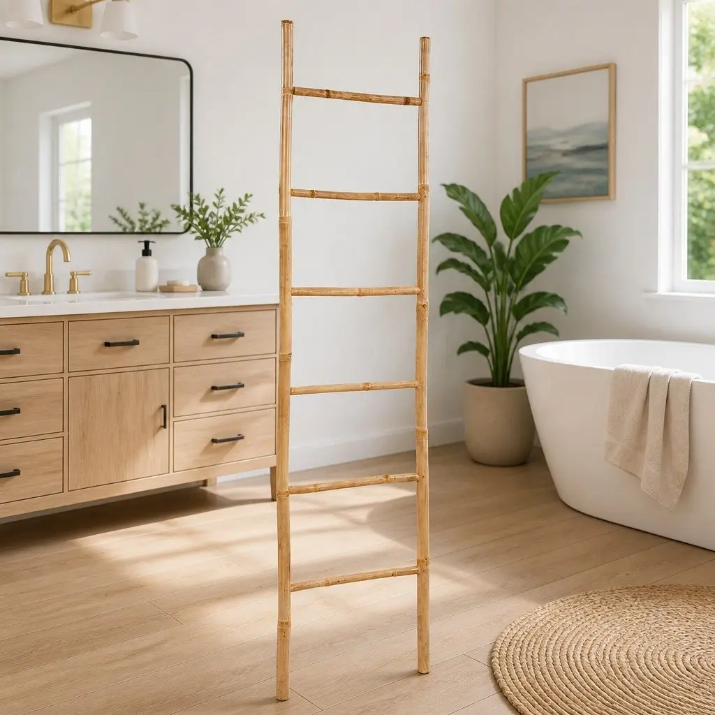 Bamboo Towel Ladder Brown 6 Rungs Free Standing Bathroom Storage Rack